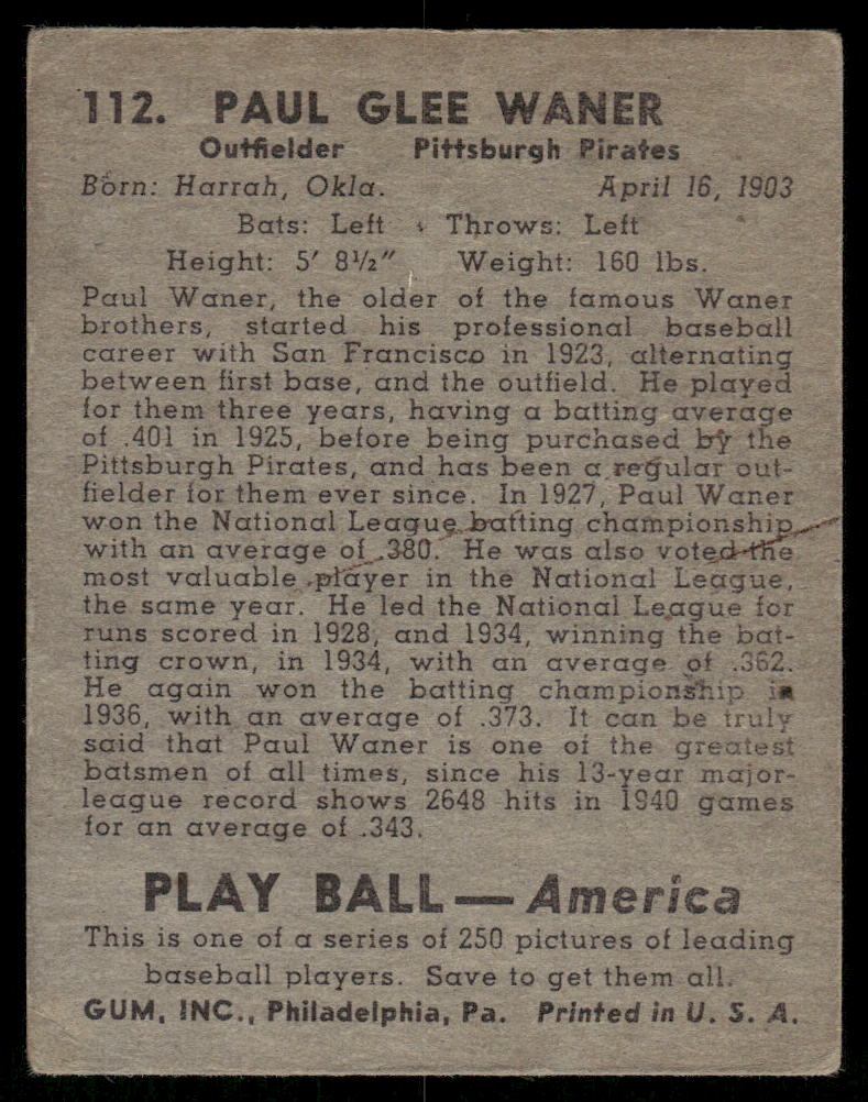 1939 Play Ball Paul Waner #112