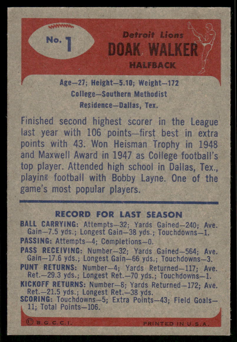1954 1955 Bowman Football Doak Walker #1