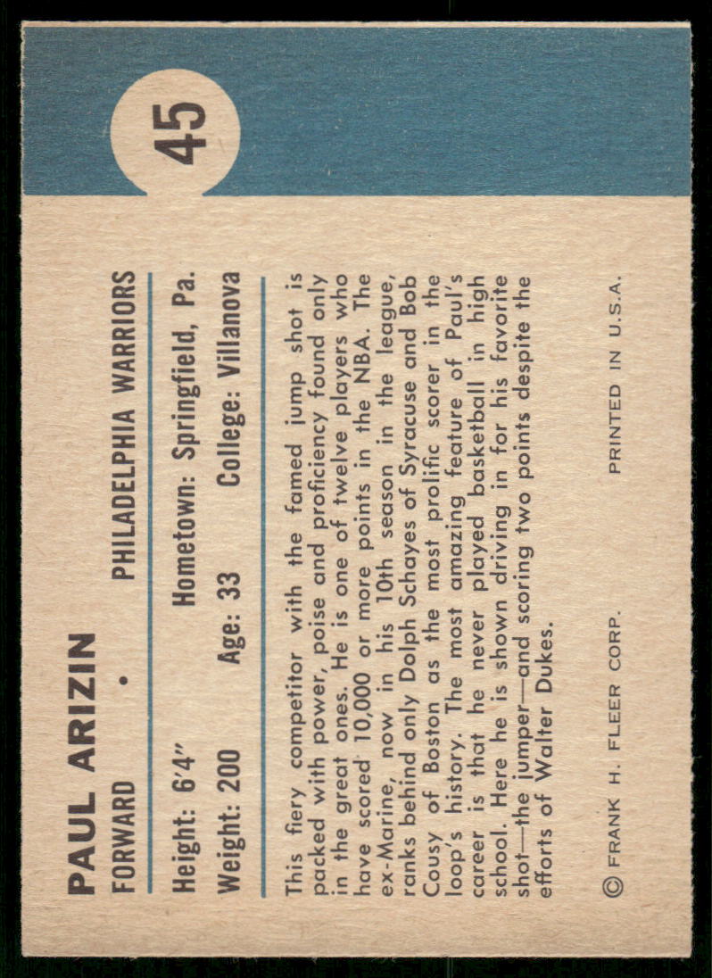 1961 Fleer Paul Arizin #45