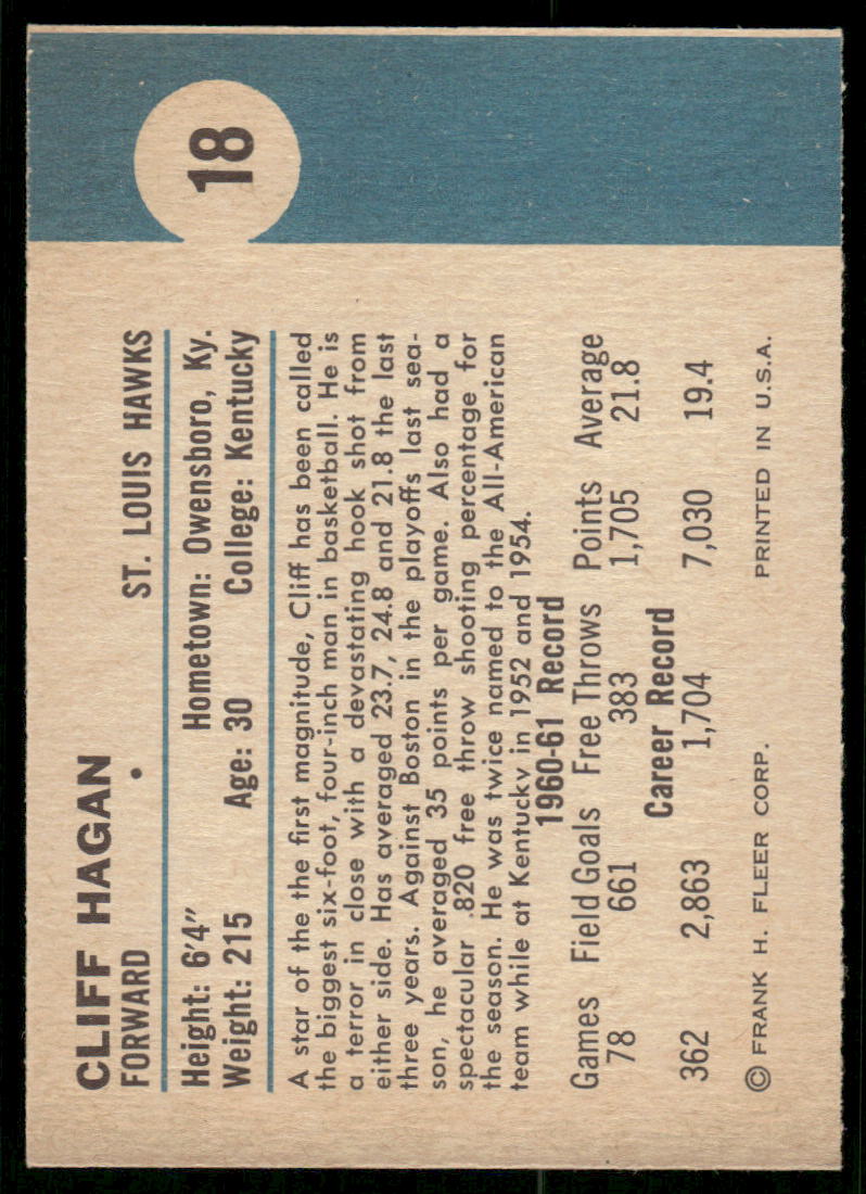 1961 Fleer Cliff Hagan #18