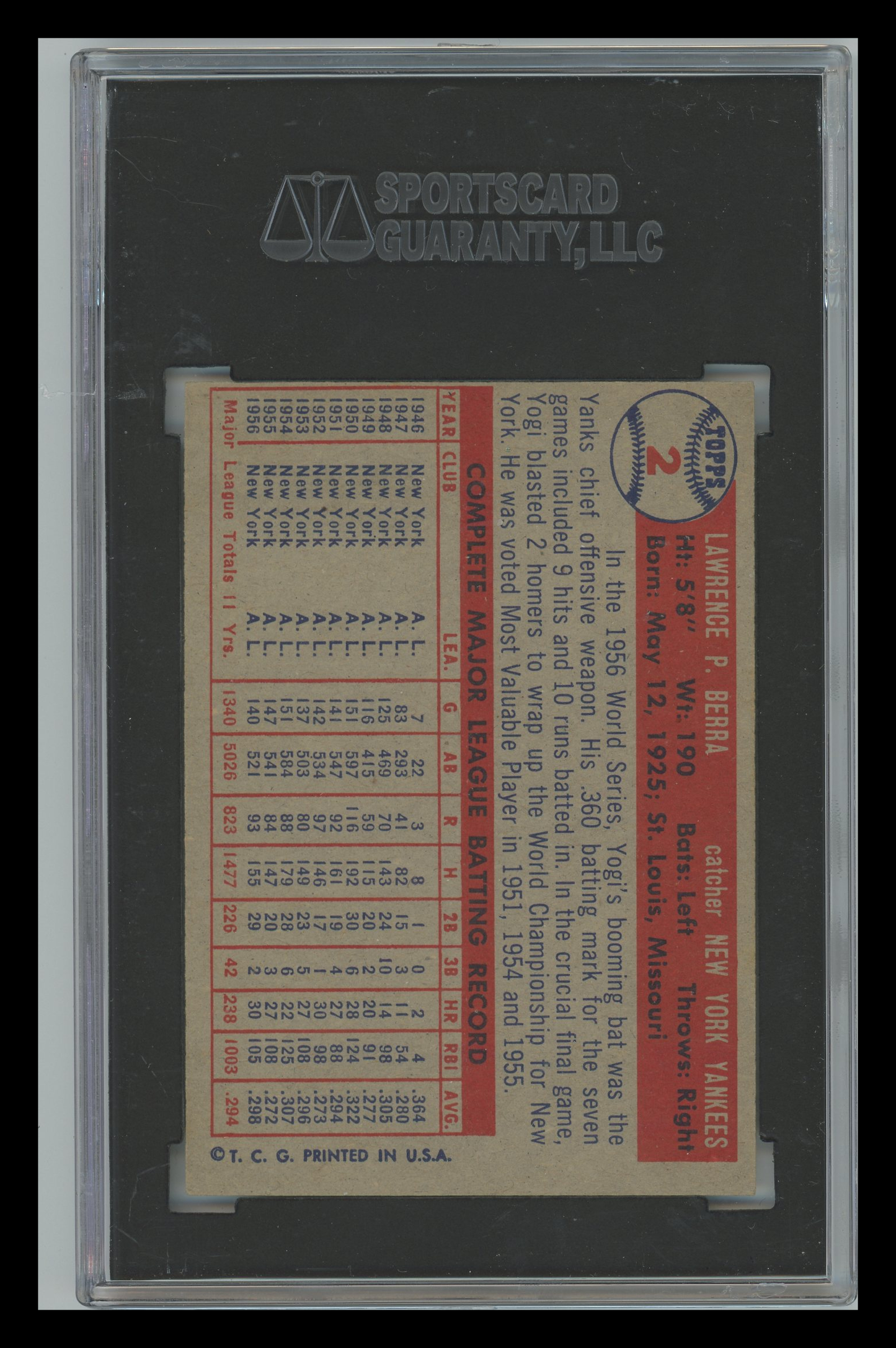 1957 Topps Yogi Berra #2 SGC 7