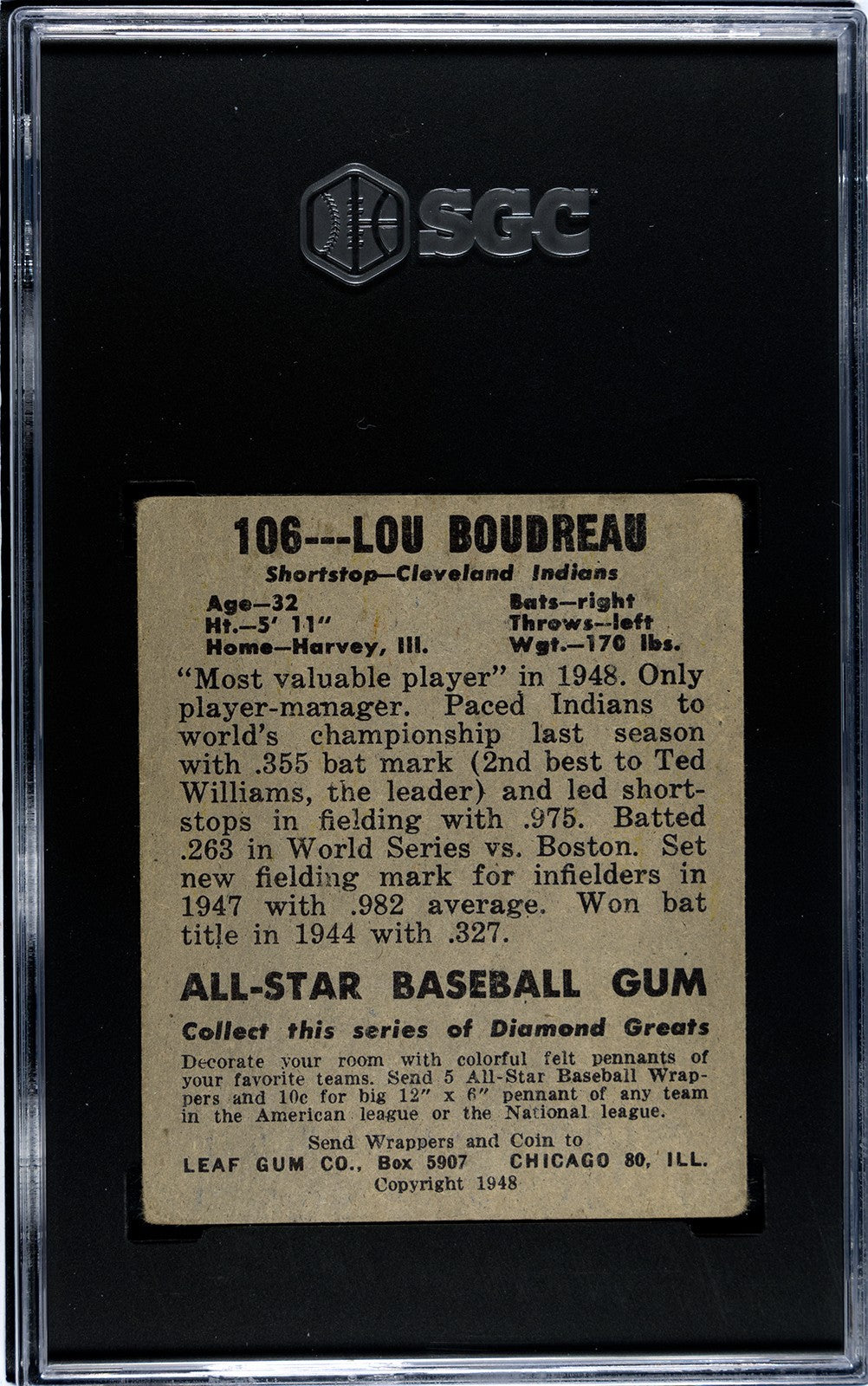 1948 Leaf Lou Boudreau #106 Rookie SGC 2.5