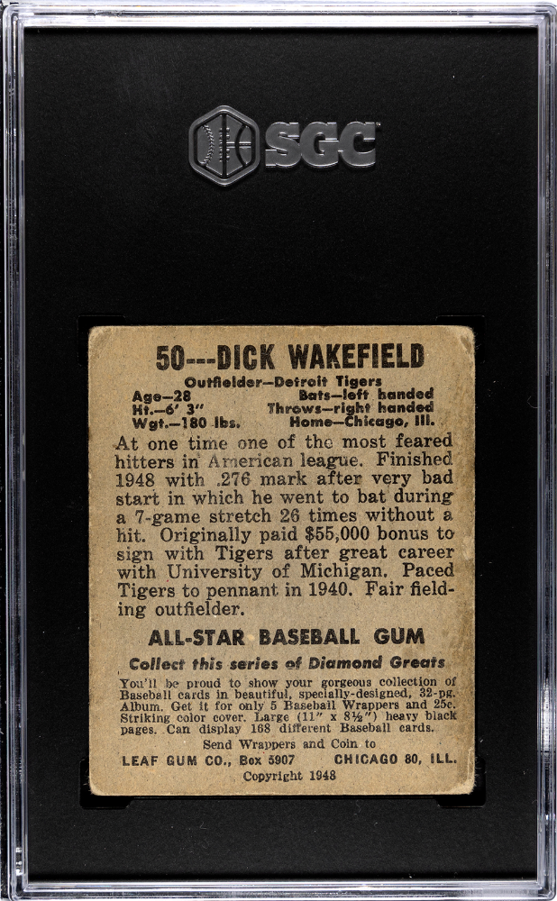 1948 Leaf Gum Co. Dick Wakefield #50 TPHLC ONE (1) SINGLE SGC GRADED CARD SEARCH "TPHLC" DONT FORGET SGC 3