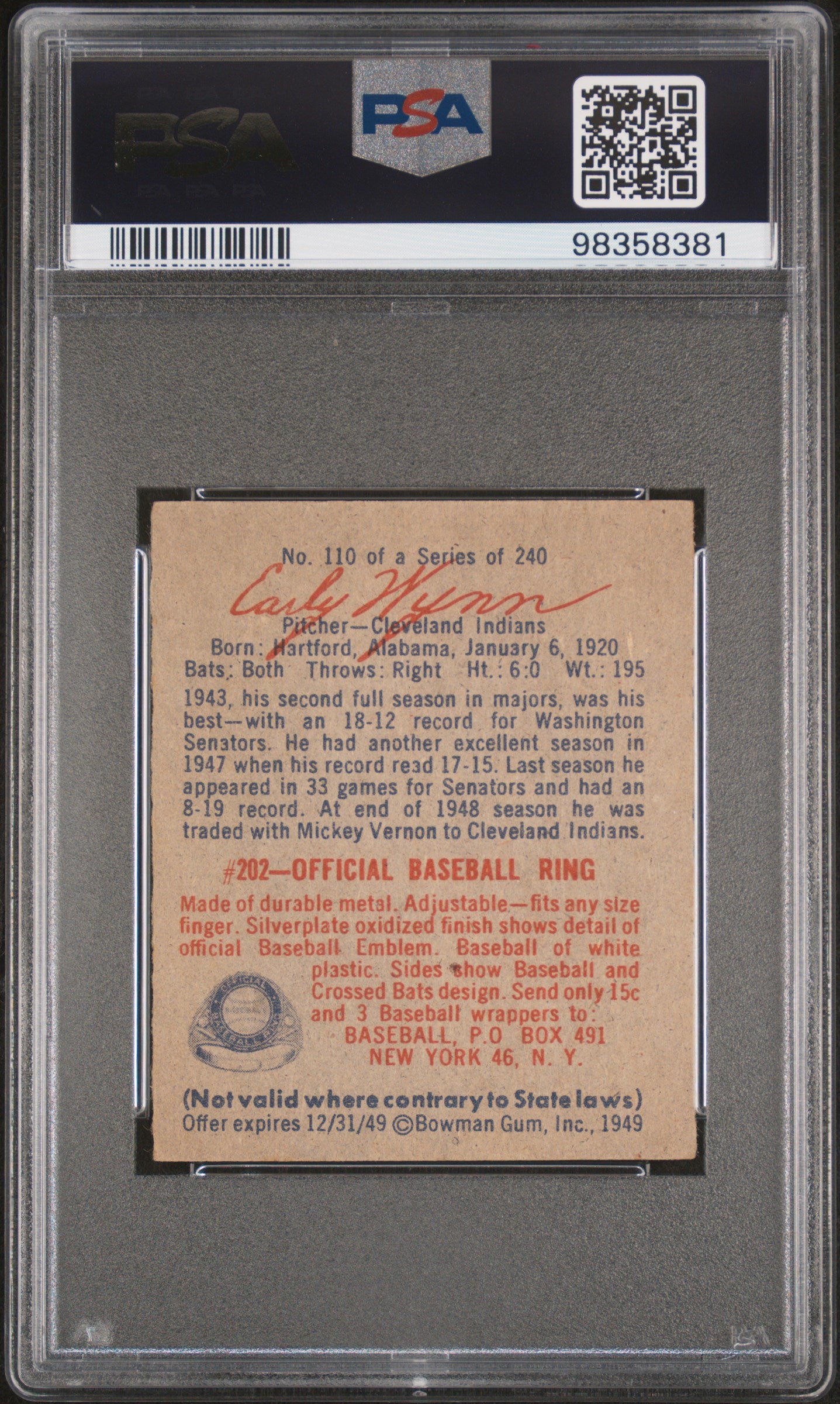 1949 Bowman Early Wynn #110 PSA 4
