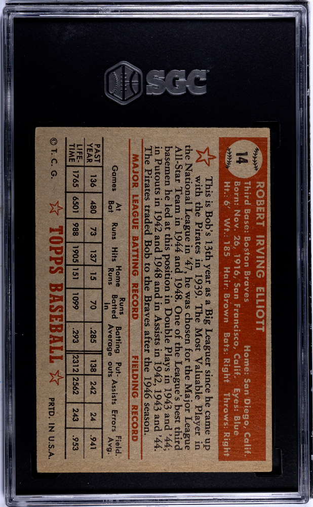 1952 Topps Bob Elliott #14 Red Back SGC 4.5