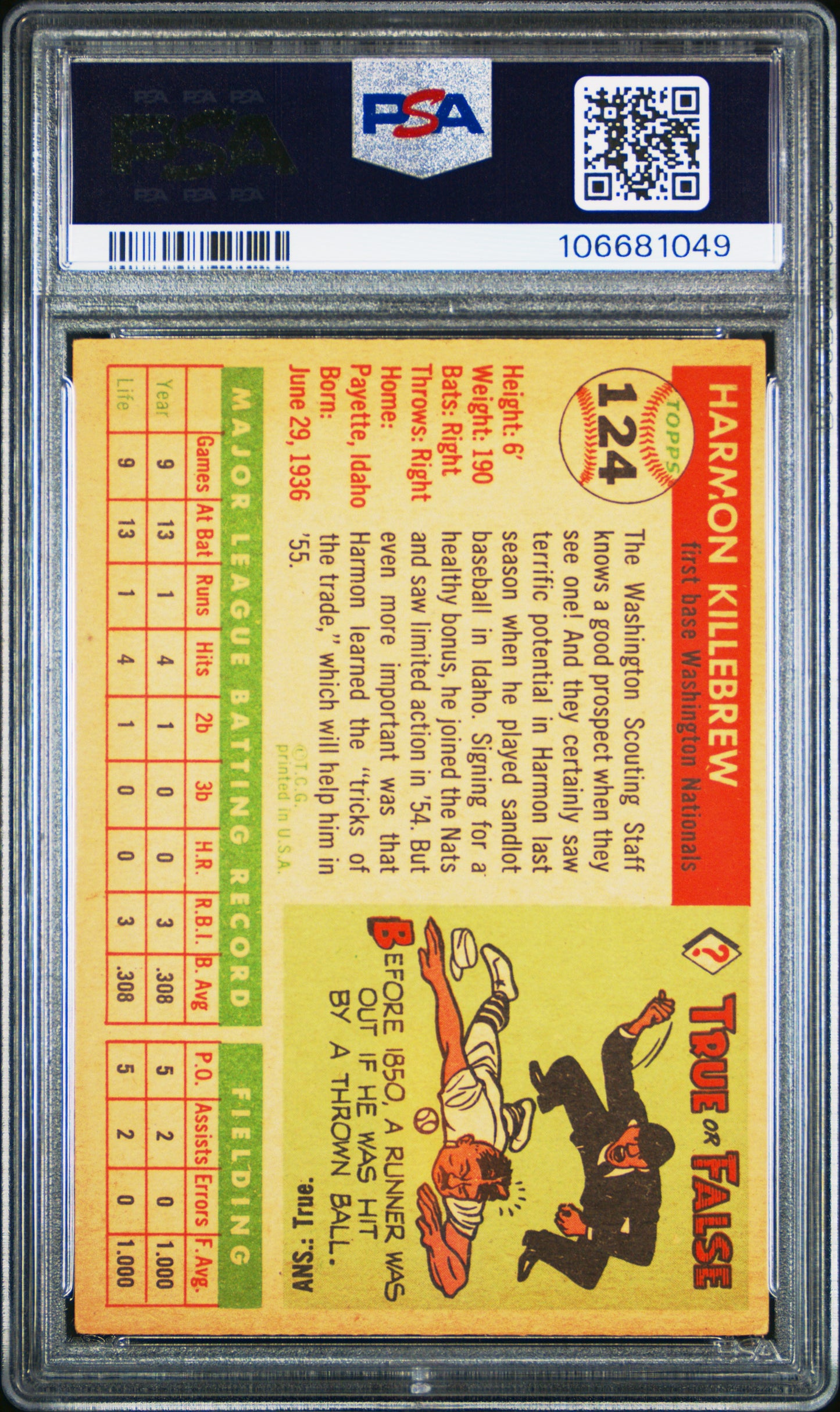 1955 Topps Harmon Killebrew #124 PSA 3.5