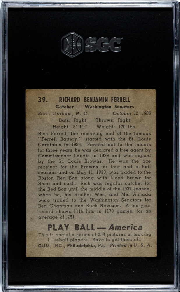 1939 Playball Rick Ferrell #39 SGC 3
