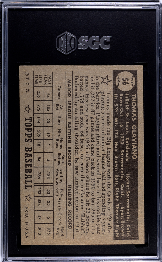 1952 Topps Tommy Glaviano #56 Black Back SGC 5