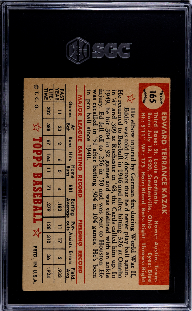 1952 Topps Eddie Kazak #165 SGC 3