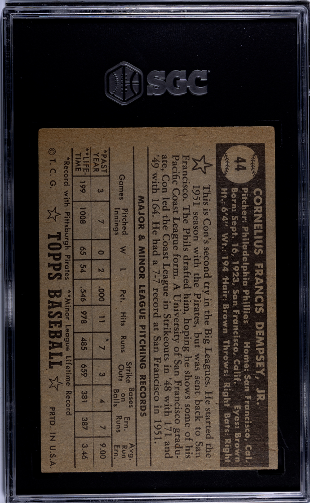 1952 Topps Con Dempsey #44 Black Back SGC 3