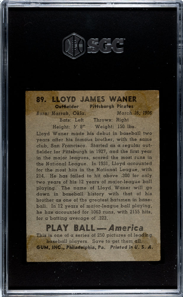 1939 Playball Lloyd Waner #89 SGC 1