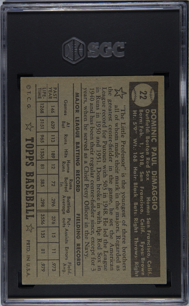 1952 Topps Dom Dimaggio #22 Black Back SGC 5.5