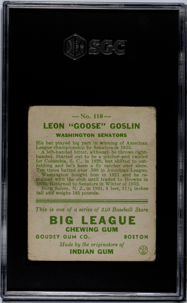 1933 Goudey Goose Goslin #110 SGC 2