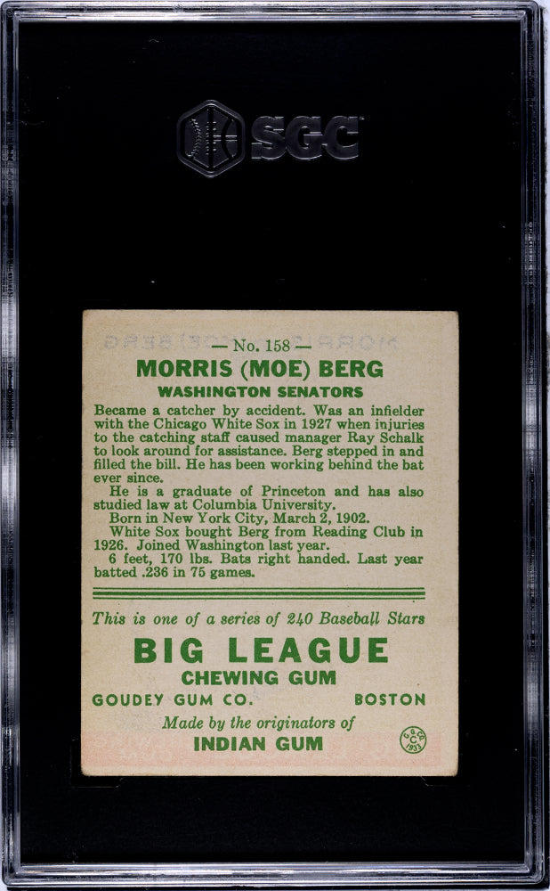 1933 Goudey Moe Berg #158 SGC 2.5