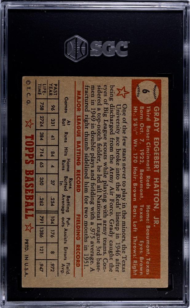 1952 Topps Grady Hatton #6 Red Back SGC 4