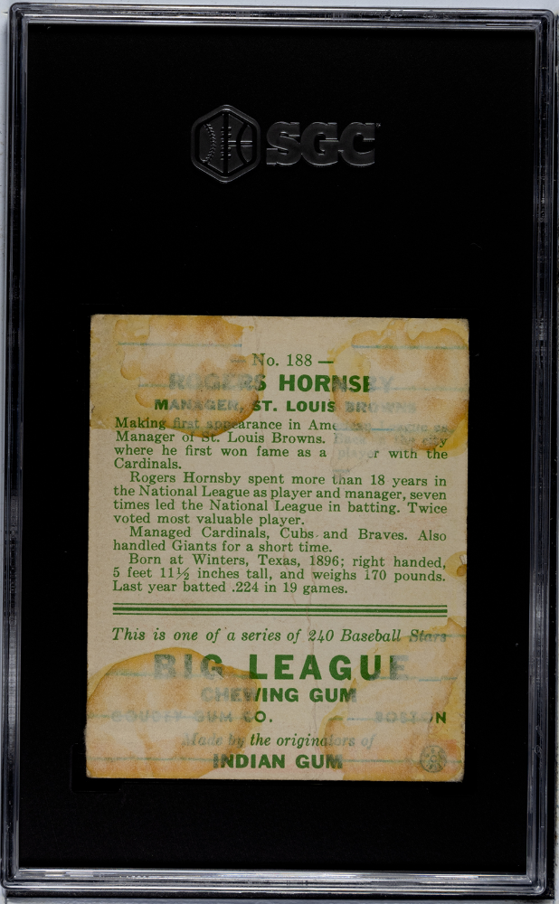 1933 Goudey Rogers Hornsby #188 SGC 1