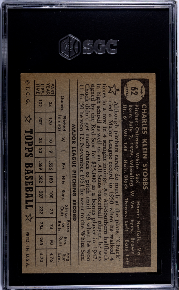 1952 Topps Chuck Stobbs #62 Black Back SGC 6