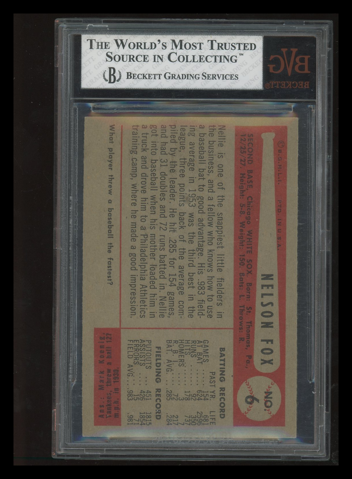 1954 Bowman Nellie Fox #6 BVG 6