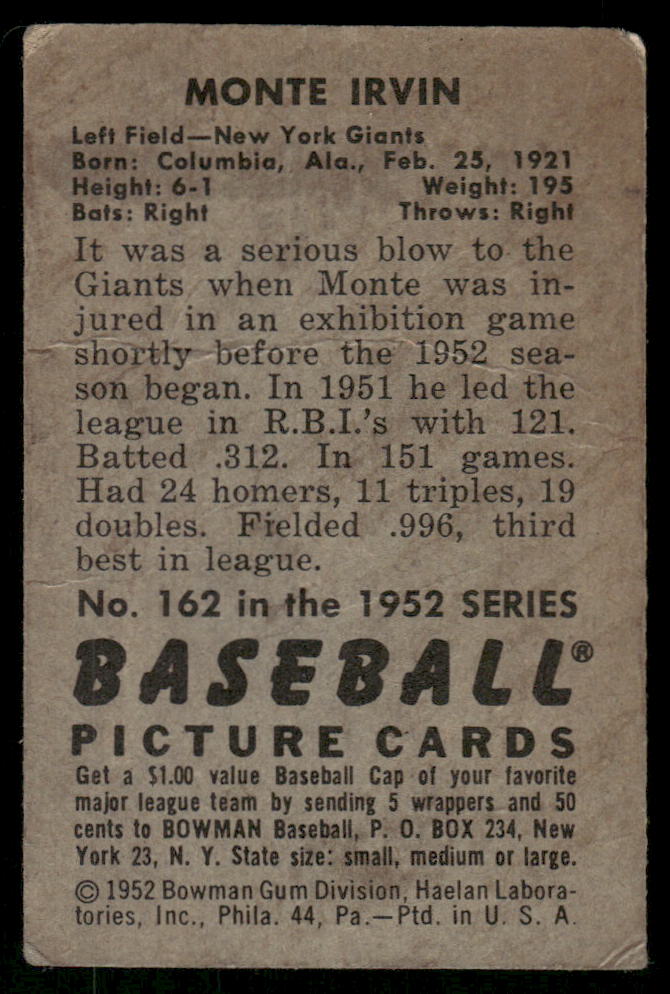 1952 Bowman Baseball Monte Irvin #162