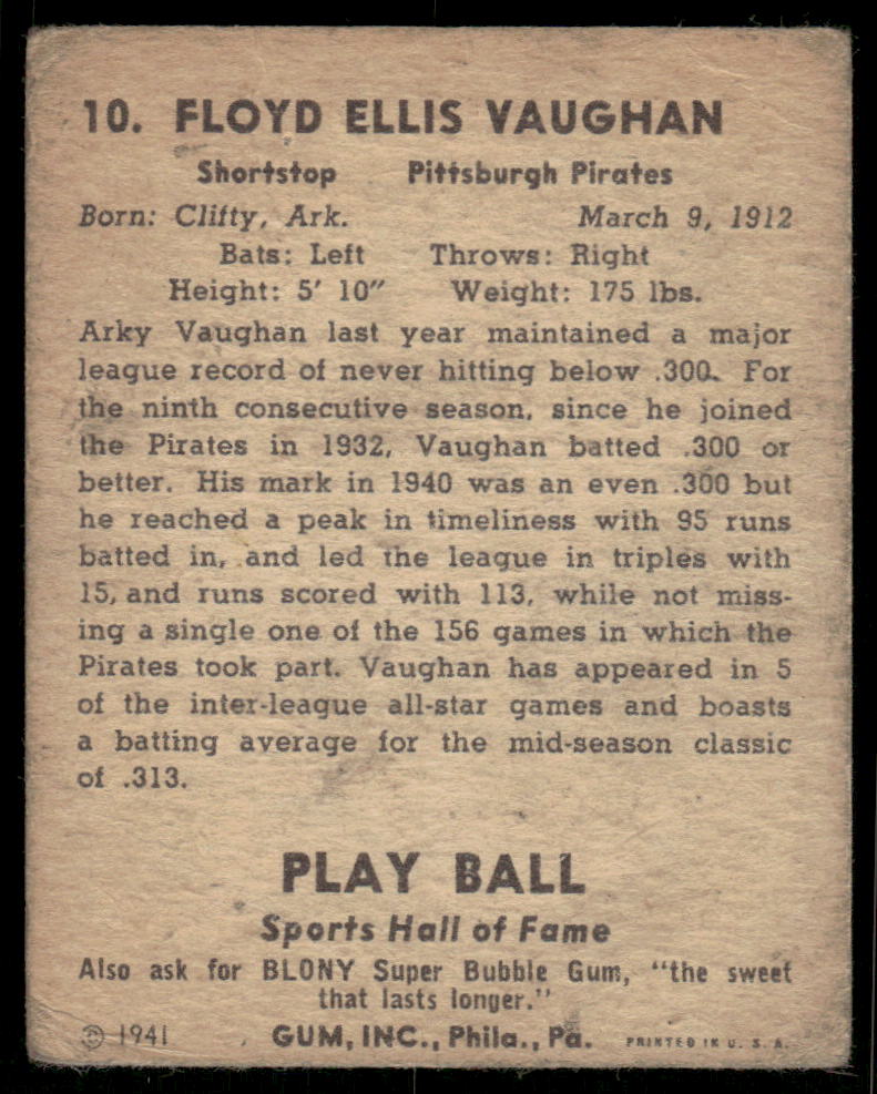 1941 Play Ball Arky Vaughan #10