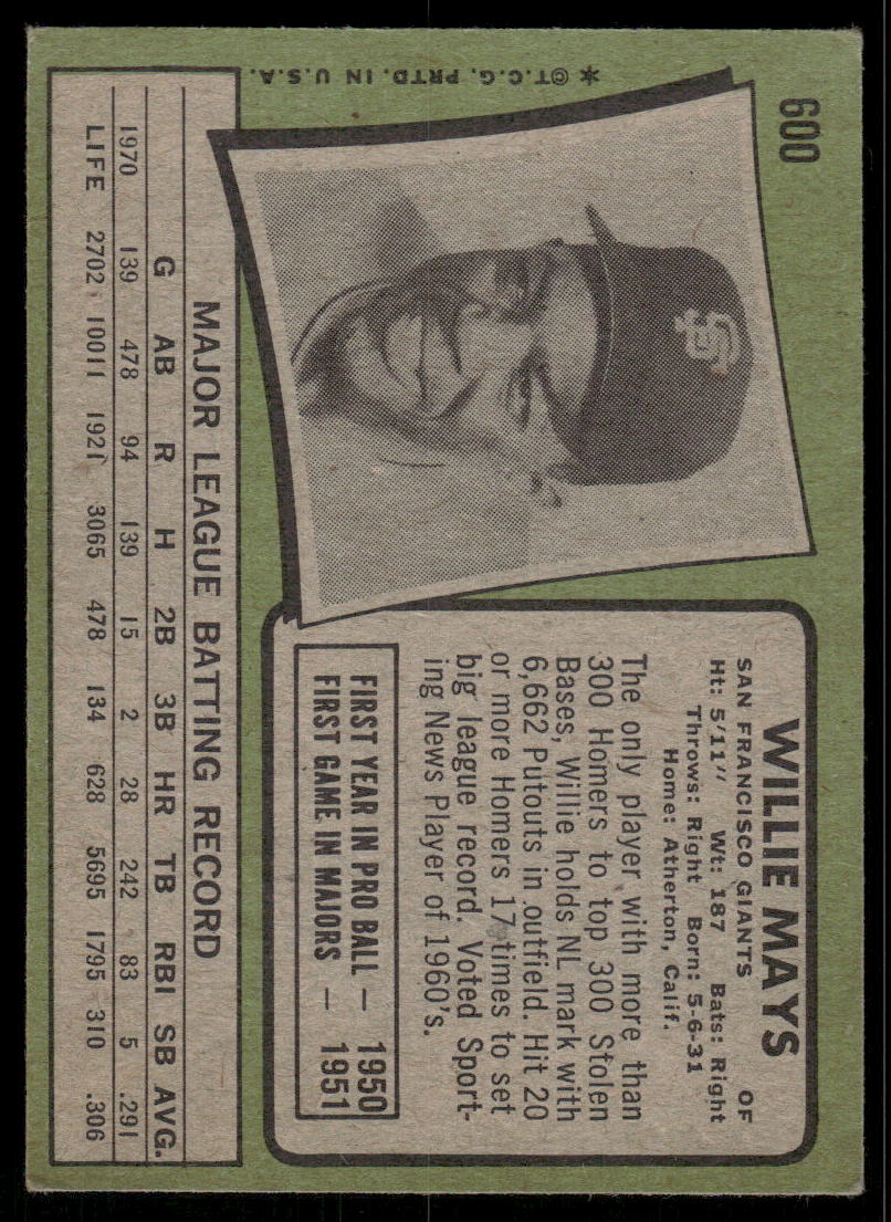 1971 Topps Willie Mays #600