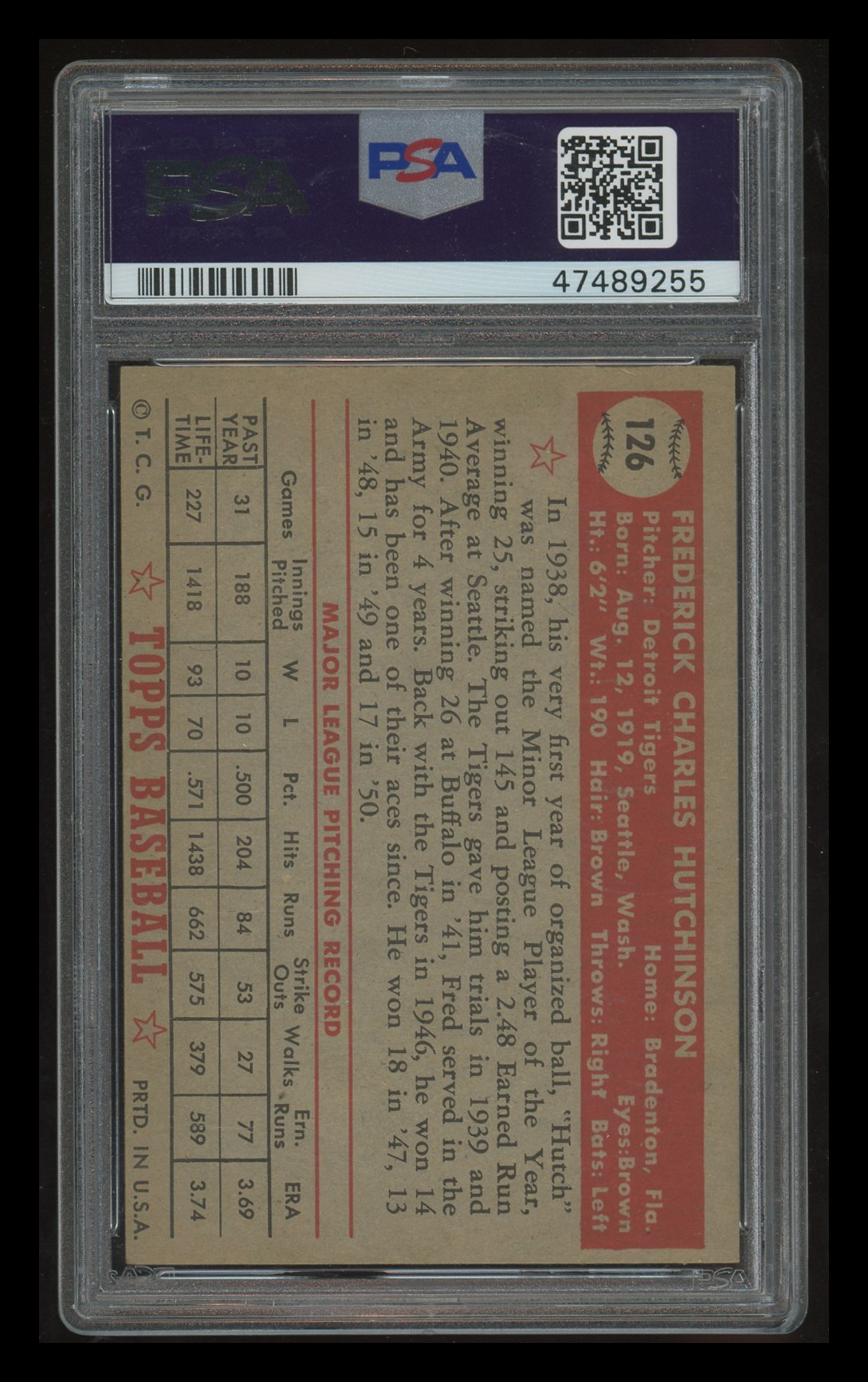 1952 Topps Fred Hutchinson #126 PSA 7