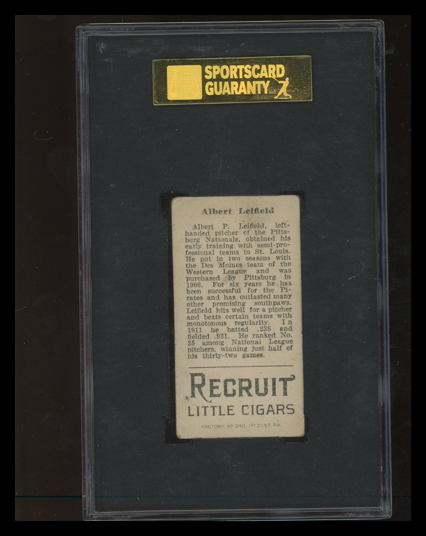 1912 Recruit Little Cigars (T207) Albert Leifield SGC 3