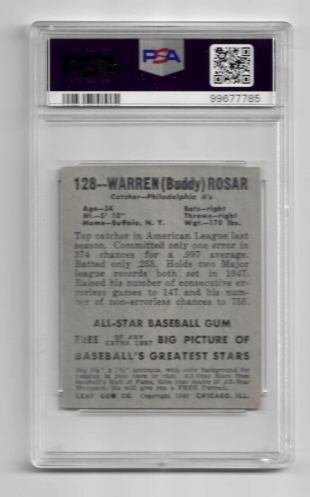 1948 Leaf Warren "Buddy" Rosar #128 Rookie VG - EX Base Set PSA 4