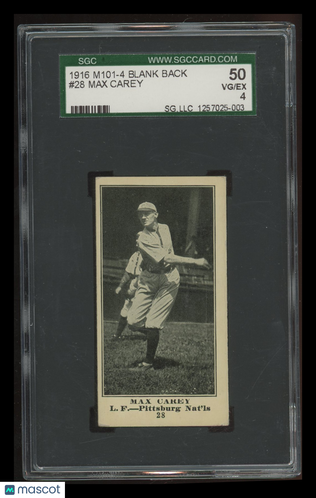 1916 M101-4 Blank Backs Max Carey #28 SGC 4