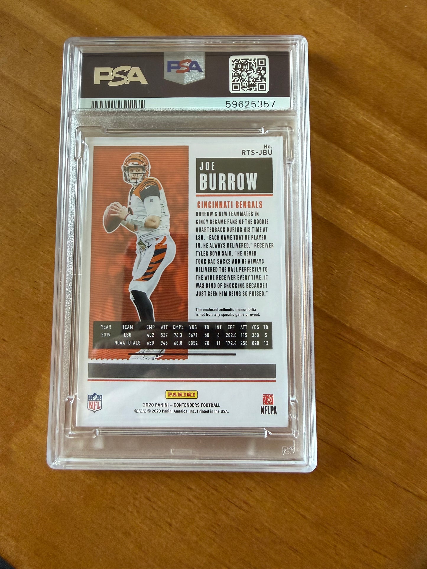 2020 Panini Contenders Rookie Ticket Swatches Joe Burrow #JBU PSA 8