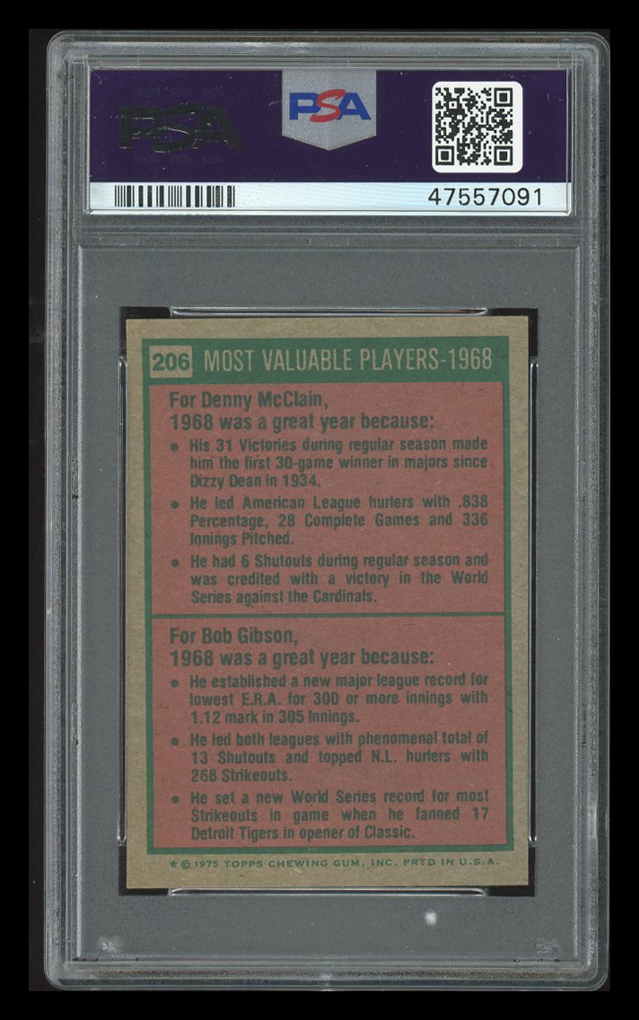 1975 Topps Mini 1968-Mvp's #206 D. Mclain B. Gibson ST PSA 8