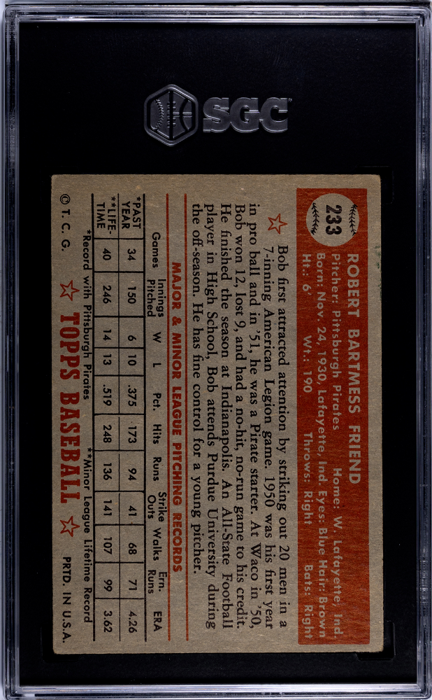 1952 Topps Bob Friend #233 SGC 3