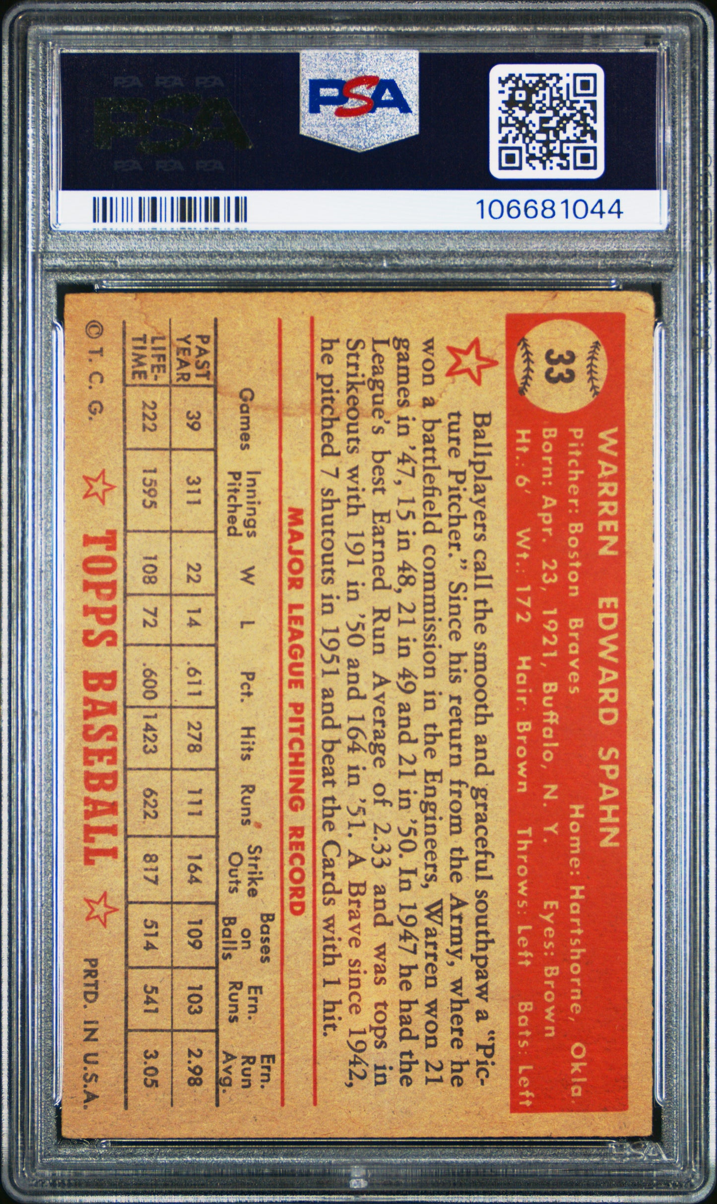 1952 Topps Warren Spahn #33 PSA 4