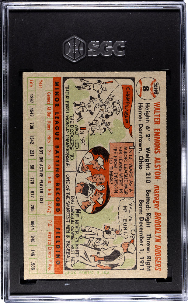 1956 Topps Walter Alston #8 Gray Back SGC 3