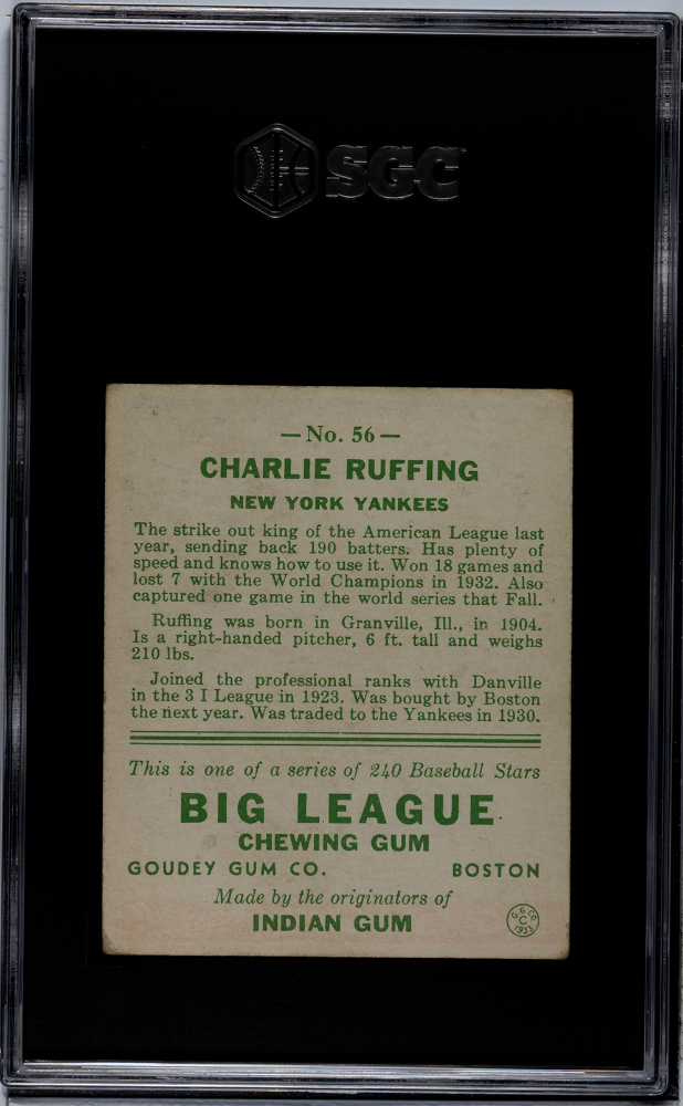 1933 Goudey Charlie Ruffing #56 SGC 2