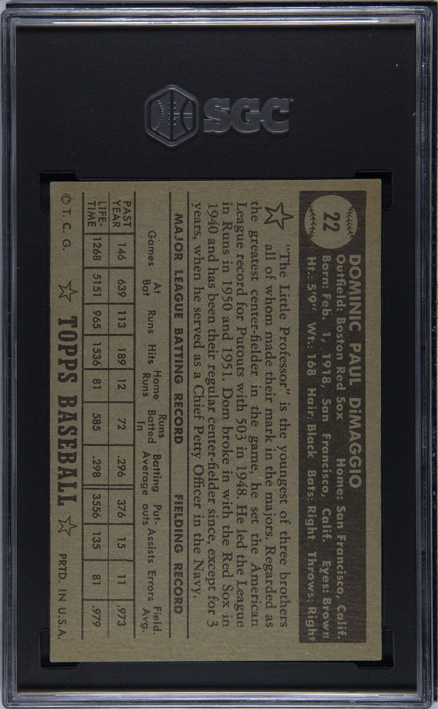 1952 Topps Dom Dimaggio #22 Black Back SGC 5