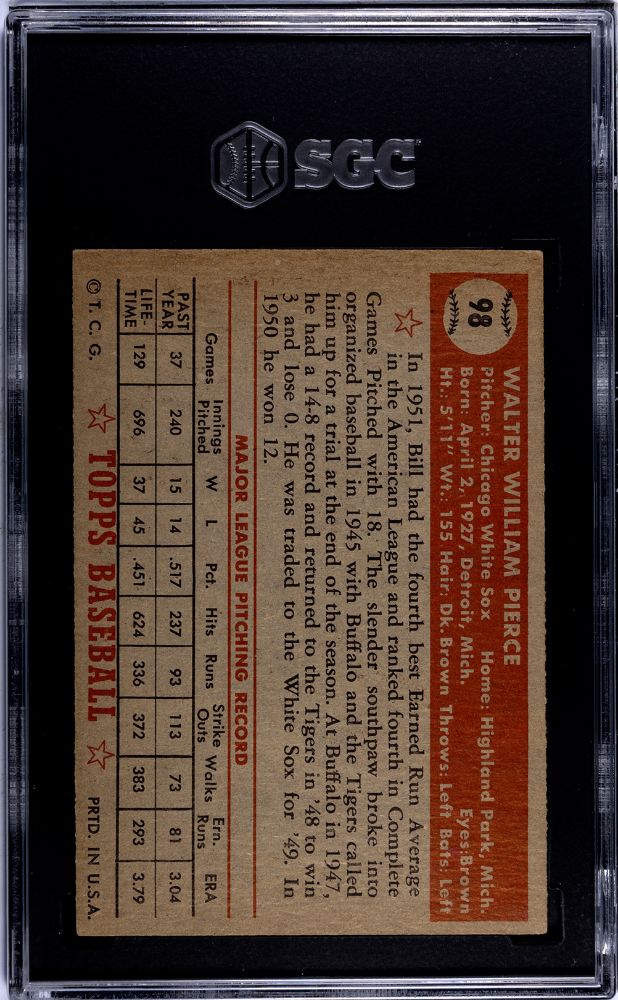1952 Topps Bill Pierce #98 SGC 5