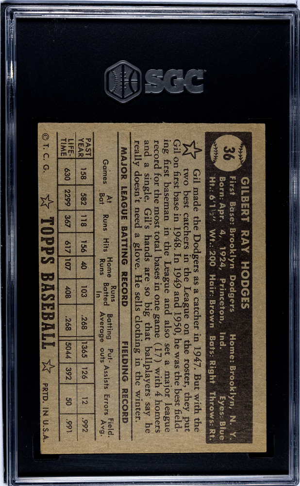 1952 Topps Gil Hodges #36 Black Back SGC 5