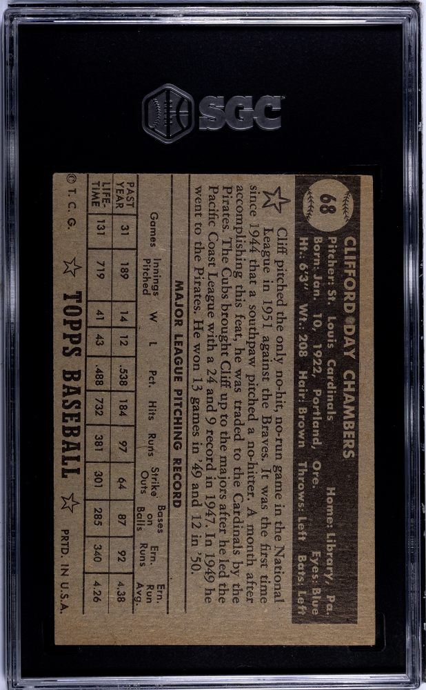 1952 Topps Cliff Chambers #68 Black Back SGC 5