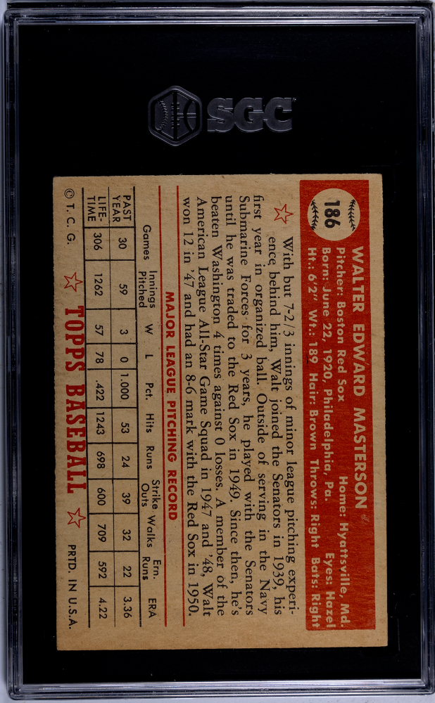 1952 Topps Walt Masterson #186 SGC 2