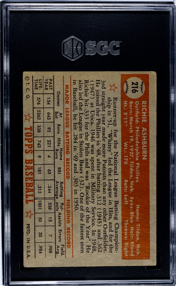 1952 Topps Richie Ashburn #216 SGC 4
