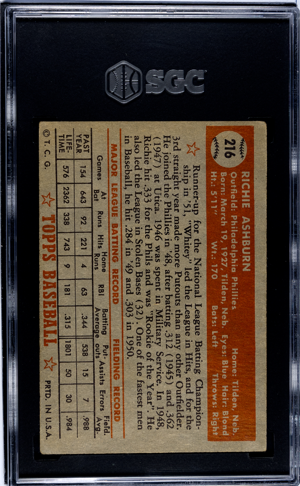 1952 Topps Richie Ashburn #216 SGC 4