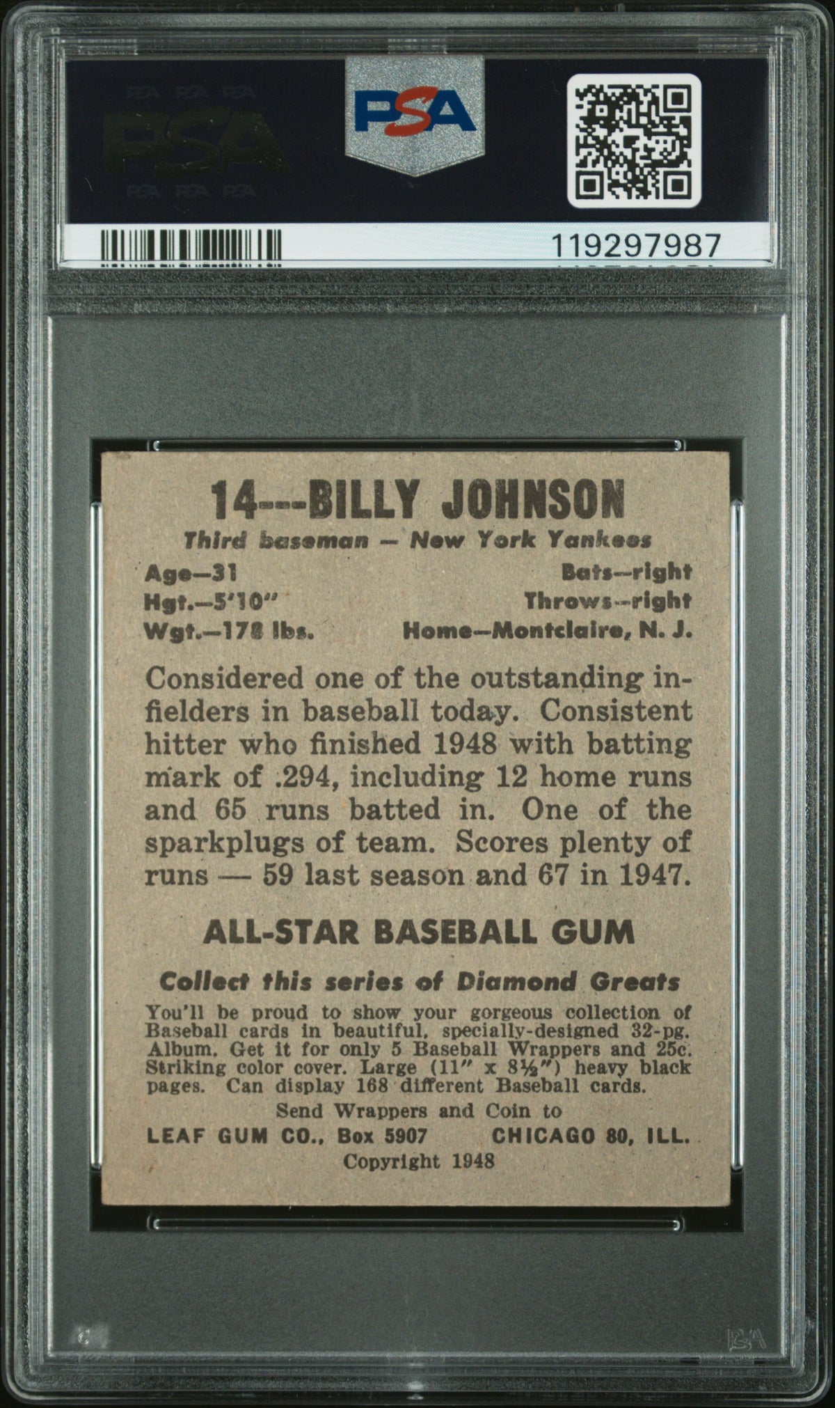 1948 Leaf Billy Johnson #14 PSA 5