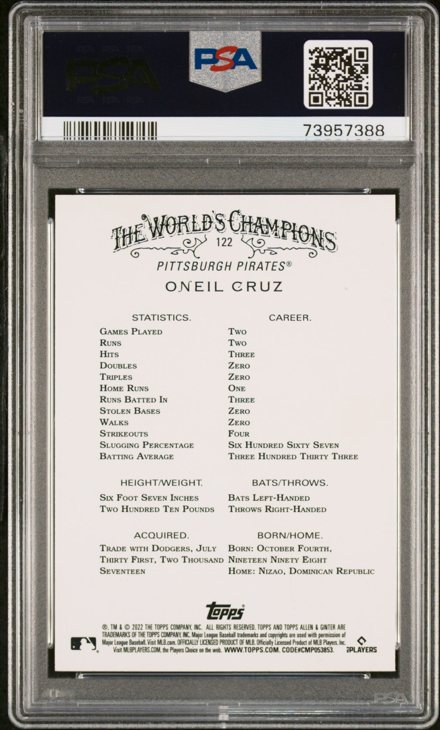 2022 Topps Allen & Ginter Oneil Cruz #122 Silver Portrait PSA 10