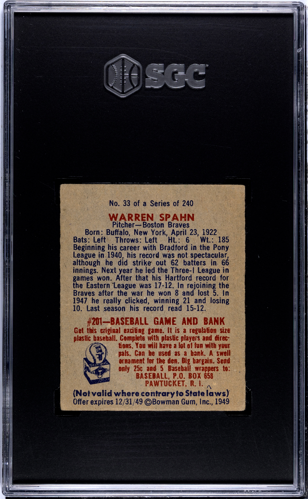 1949 Bowman Warren Spahn #33 SGC 3