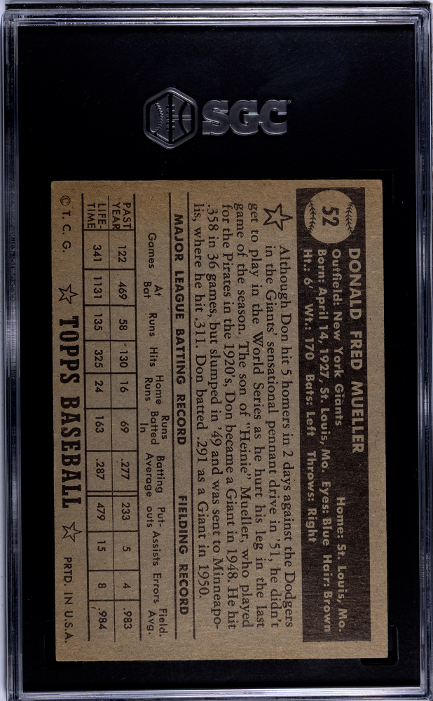 1952 Topps Don Mueller #52 Black Back SGC 4.5