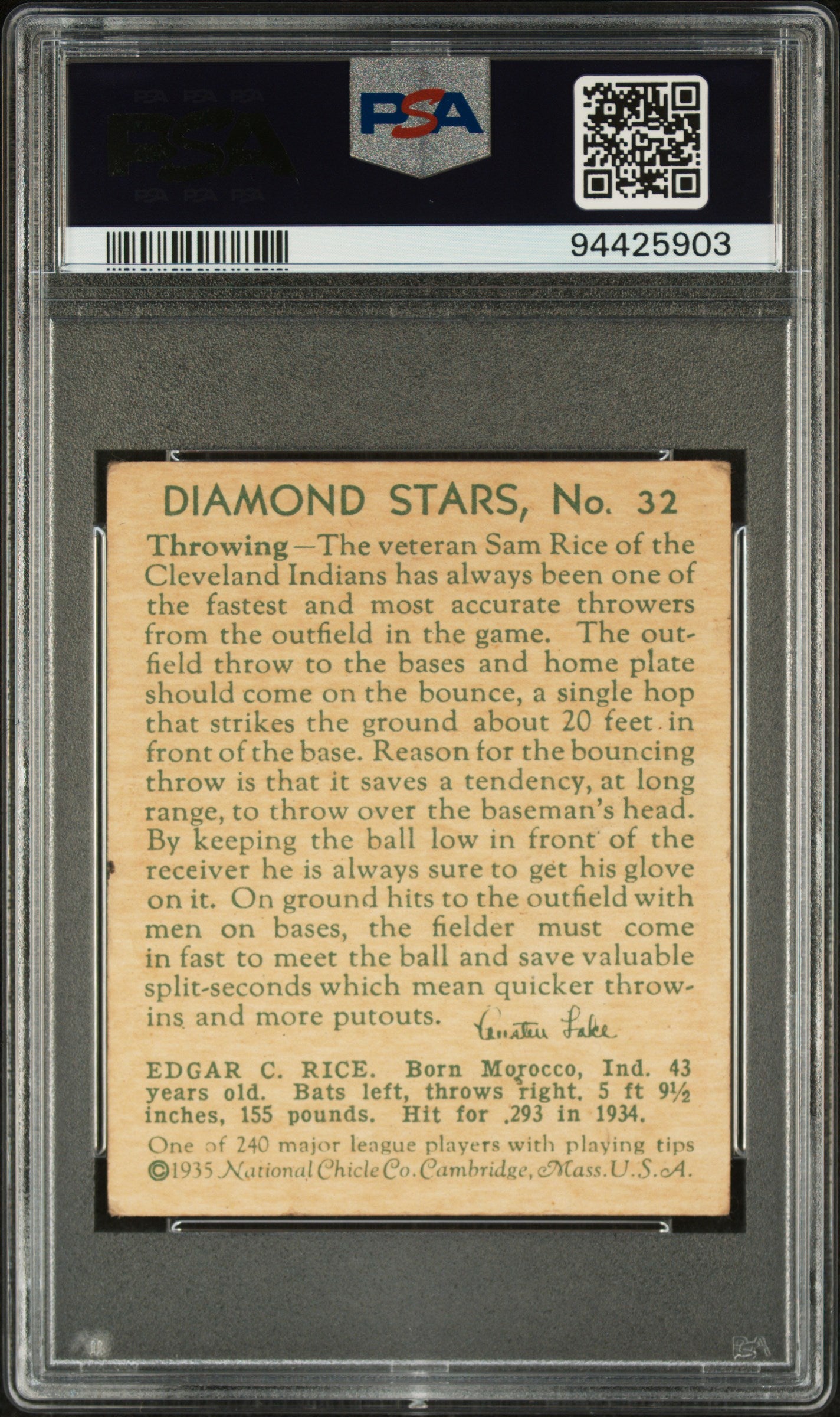 1935 Diamond Stars Sam Rice #32 PSA 3.5