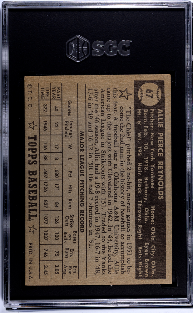 1952 Topps Allie Reynolds #67 Black Back SGC 3
