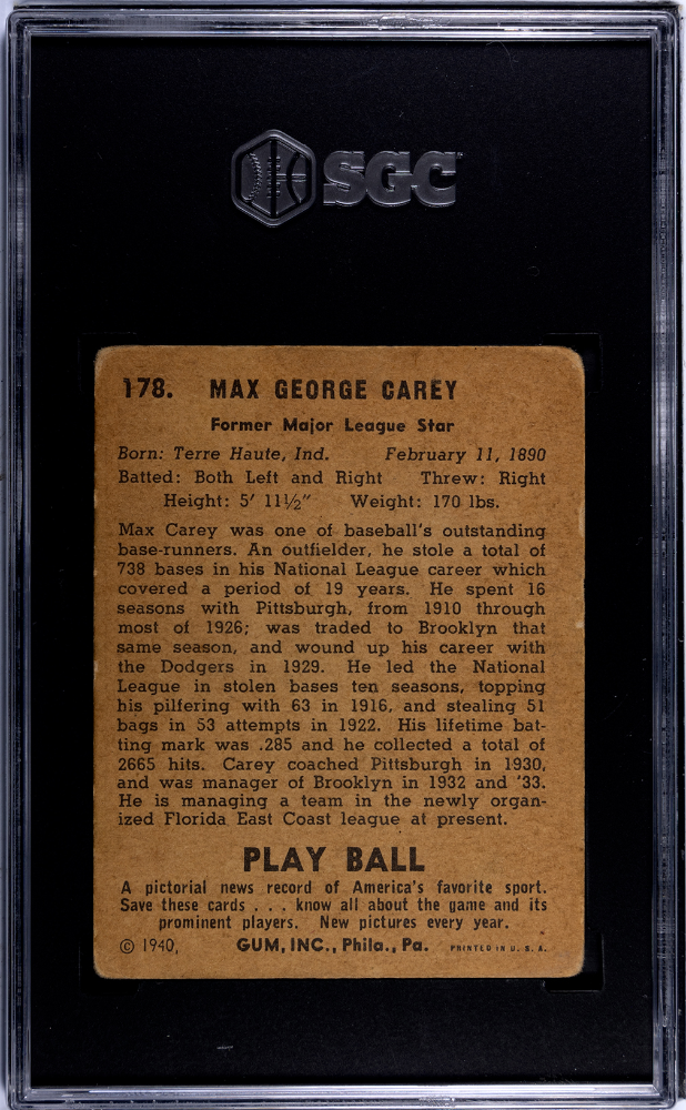 1940 Playball Max Carey #178 SGC 2