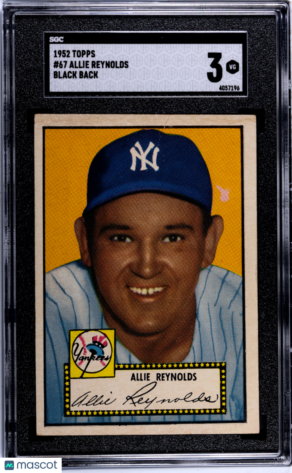 1952 Topps Allie Reynolds #67 Black Back SGC 3